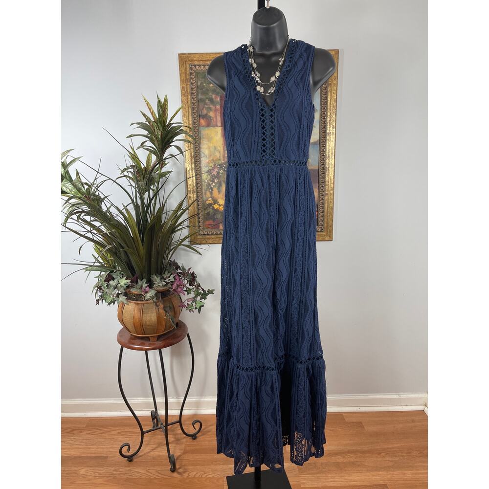 Aqua Maxi Dress Womens XS Navy Blue Tiers Empire Waist Romantic Feminine Elegant
